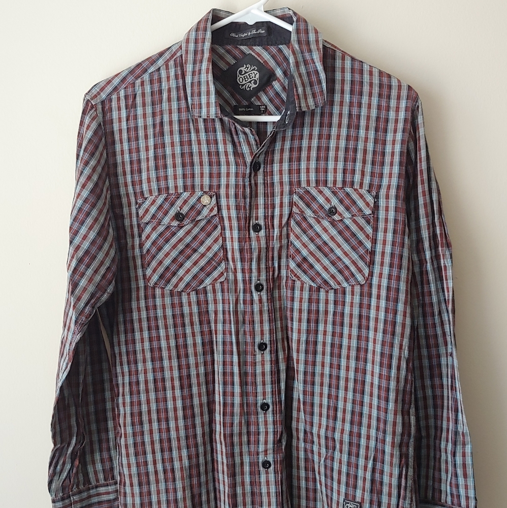Obey Plaid Long Sleeve Shirt Gray/Burgundy - Small
